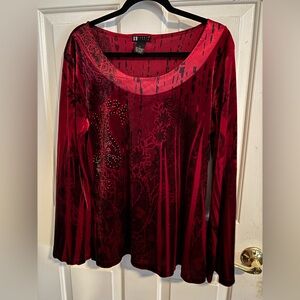 Vintage Carole Little Red Floral Print Bell Sleeve Velvet Sweater